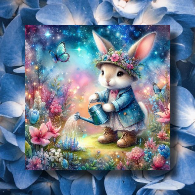 Fantasy Sparkle  Watercolor Garden Bunny Easter Holiday Card (Creator Uploaded)