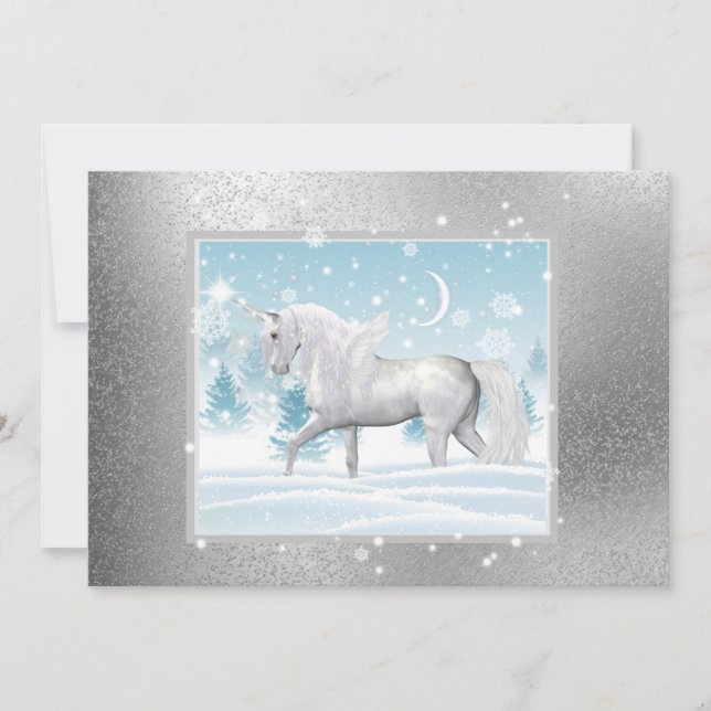 Fantasy Sparkly Winter Unicorn Pegasus Holiday Card (Front)