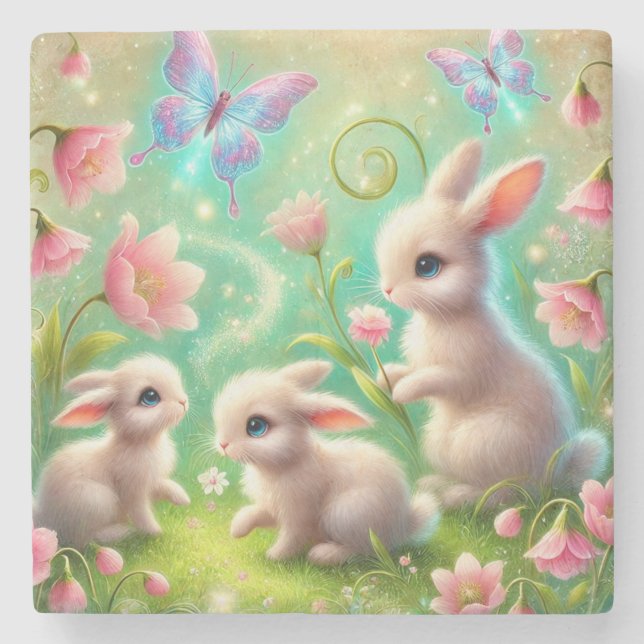 Fantasy Spring Bunny Garden Stone Coaster (Front)