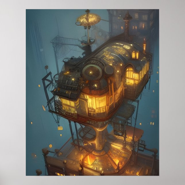 Fantasy Steampunk City Aerial View Poster (Front)