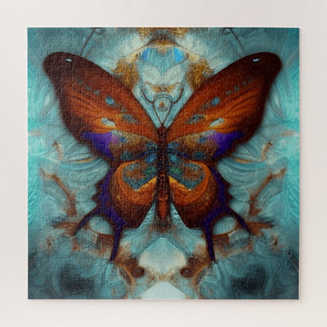 Fantasy Steampunk Orange Butterfly Aqua Watercolor Jigsaw Puzzle (Vertical)