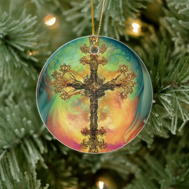 Fantasy Steampunk Ornate Cross In Aqua Ceramic Ornament (Tree)