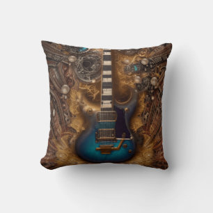 Fantasy Steampunk Vintage Blue Guitar Watercolor Cushion