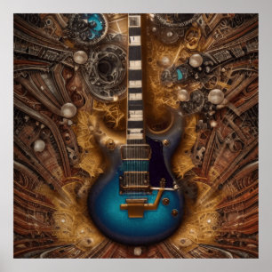 Fantasy Steampunk Vintage Blue Guitar Watercolor Poster