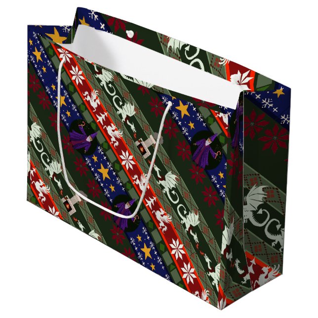 Fantasy Style Ugly Sweater Pattern Large Gift Bag (Front Angled)