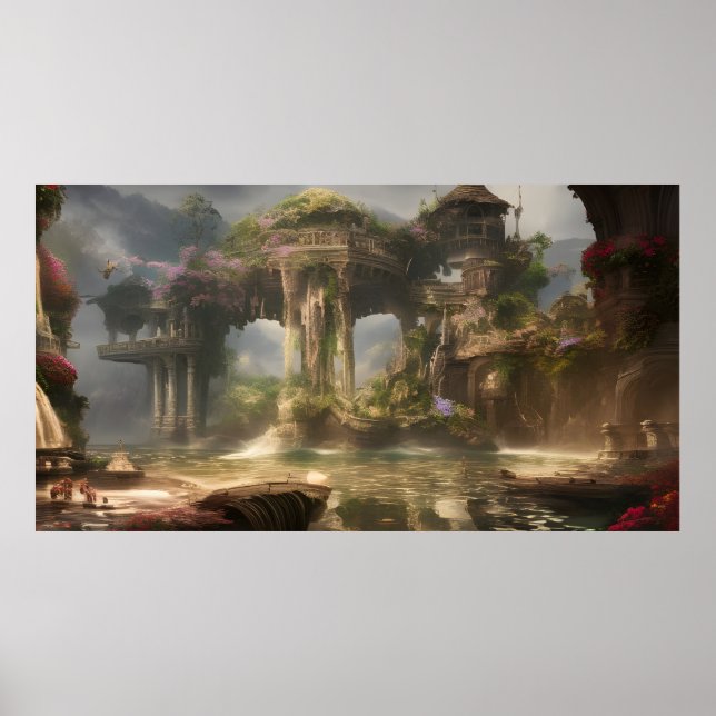 Fantasy summer vacation resort with a lake poster (Front)