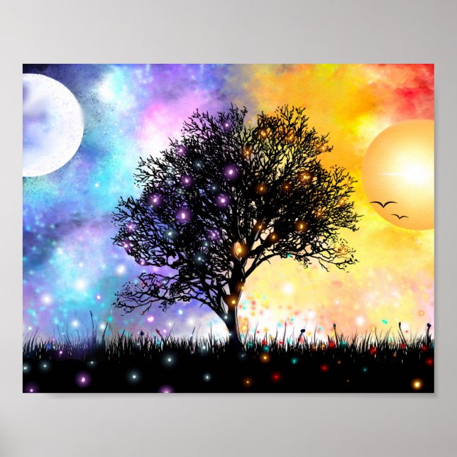 Fantasy sunset and moonrise with rainbow colours poster (Front)