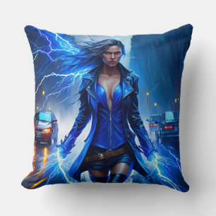 Fantasy Super Hero Girl With Lightning Power Cushion