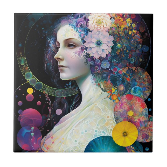 Fantasy Surreal Cosmic Woman Goddess  Ceramic Tile (Front)