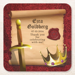 Fantasy Sword Crown Mediaeval Knight Bar Mitzvah Square Paper Coaster