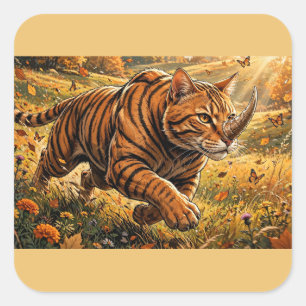 Fantasy Tiger Cat – Golden Autumn Adventure Square Sticker