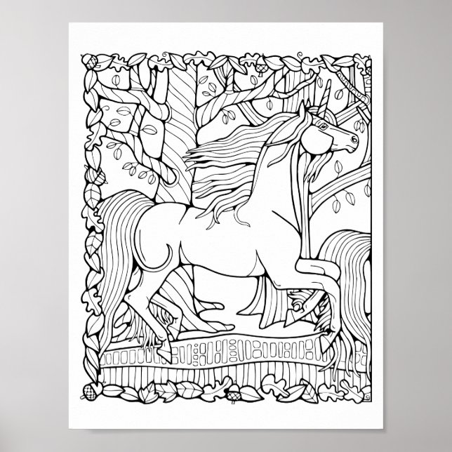 Fantasy Tree Forest Unicorn Colouring Page Art Poster (Front)