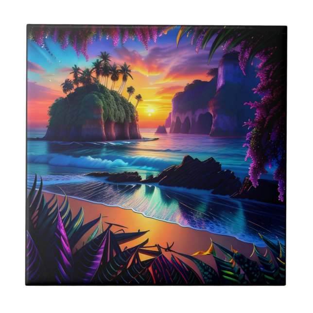 Fantasy Tropical Beach Three Ceramic Tile (Front)