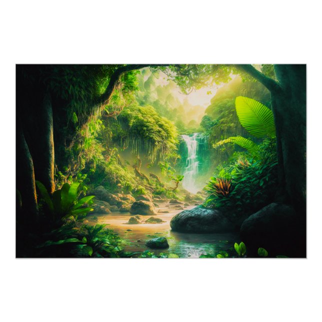 Fantasy Tropical Paradise Landscape with Waterfall Poster (Front)