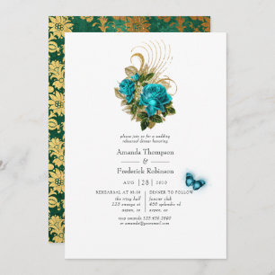 Fantasy Turquoise and Gold Rehearsal Dinner Invitation