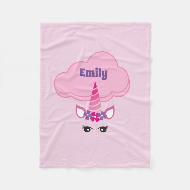 Fantasy Unicorn Floral Cloud Pink Personalised Fleece Blanket (Front)