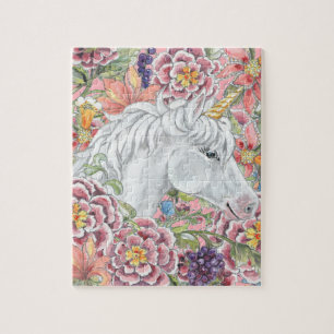 Fantasy Unicorn Pink Tropical Flowers Magical Jigsaw Puzzle