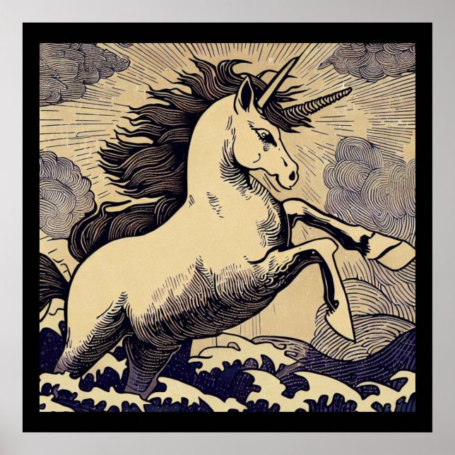 Fantasy Unicorn - Woodcut 1 Poster (Front)