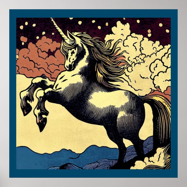 Fantasy Unicorn - Woodcut 4 Poster (Front)