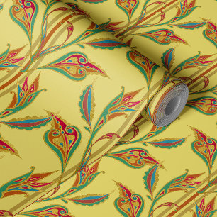Fantasy vine of gold, red and green leaves wallpaper