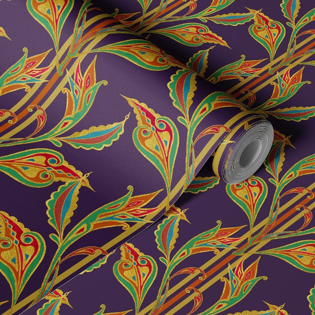 Fantasy vine of gold, red, gree, leaves on plum wallpaper (Creator Uploaded)