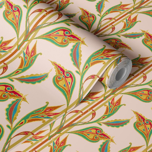 Fantasy Vine of red, green, gold leaves on blush  Wallpaper (Creator Uploaded)