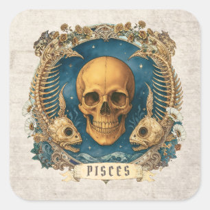 Fantasy Vintage Aquarius Zodiac Sign Unique Skull Square Sticker