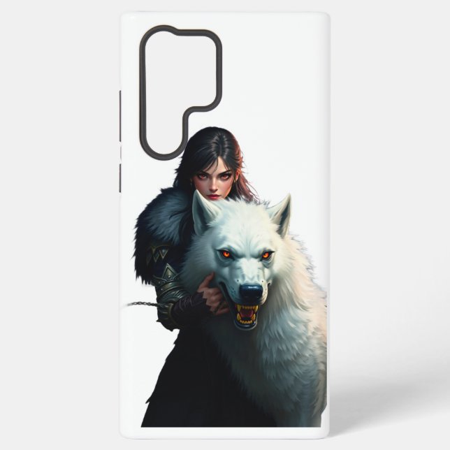 Fantasy Warrior and Red-Eyed Direwolf Embrace Samsung Galaxy S22 Ultra Case (Back)