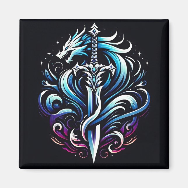 Fantasy Warrior Mystic Dragon Sword Flame Magnet (Front)