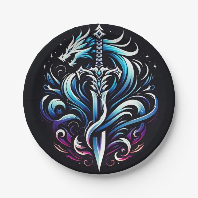 Fantasy Warrior Mystic Dragon Sword Flame Paper Plate (Front)