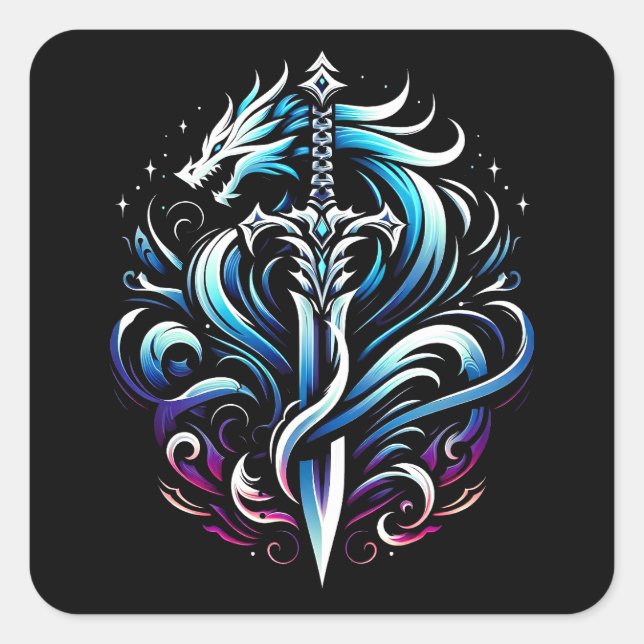 Fantasy Warrior Mystic Dragon Sword Flame Square Sticker (Front)