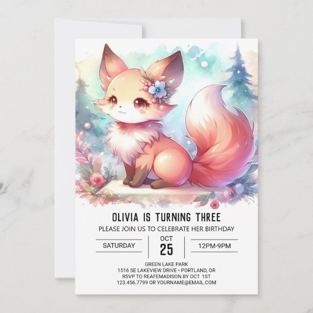 Fantasy Watercolor Fox Birthday digital Invitation (Front)