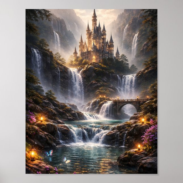 Fantasy Waterfall Castle Poster (Front)
