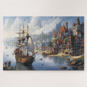 Fantasy Waterfront Village & Ship Jigsaw Puzzle
