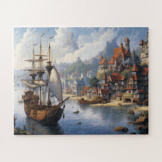 Fantasy Waterfront Village & Ship Jigsaw Puzzle (Horizontal)