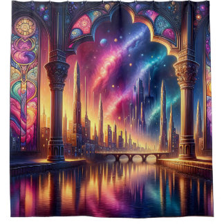 “Fantasy Waterscape with Stained Glass Arch" Shower Curtain