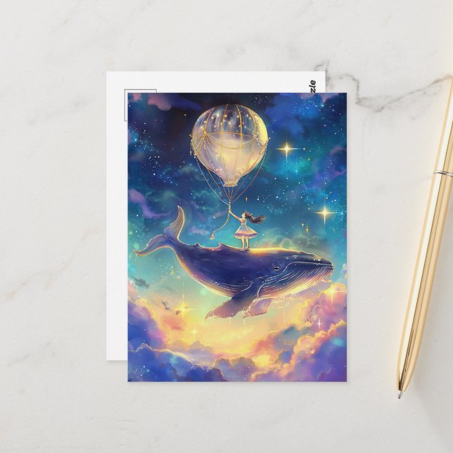 Fantasy Whale Ride in the Clouds Postcard (Front/Back In Situ)