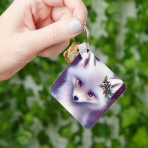 Fantasy White Baby Fox with Lavender Eyes Key Ring