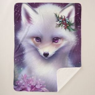 Fantasy White Baby Fox with Lavender Eyes Sherpa Blanket