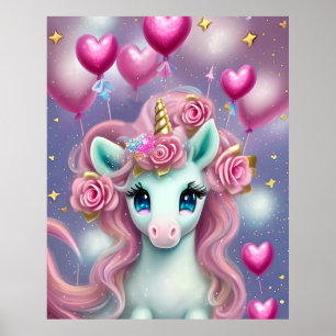 Fantasy White Baby Unicorn with pink Hearts Poster