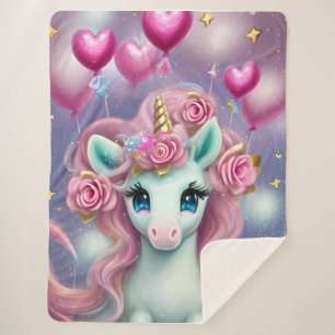 Fantasy White Baby Unicorn with pink Hearts Sherpa Blanket