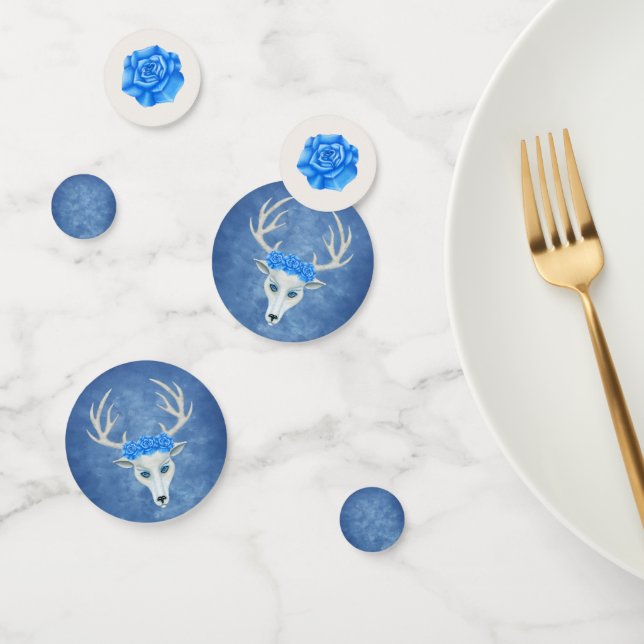 Fantasy White Deer Head Antlers Pretty Blue Roses Confetti (Group)