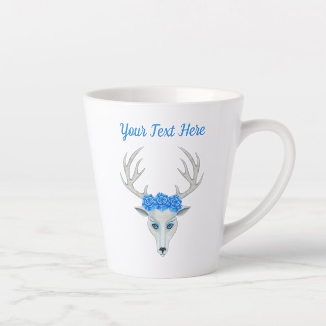 Fantasy White Deer Head Antlers Pretty Blue Roses  Latte Mug (Right)