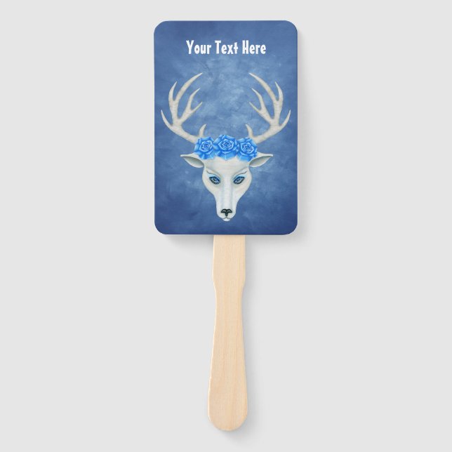 Fantasy White Deer Head Mysterious Face Blue Roses Hand Fan (Front)