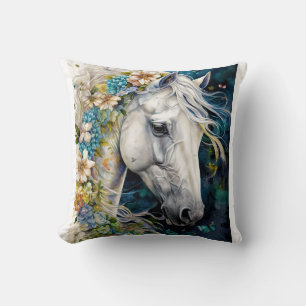 Fantasy White Horse decorated with flowers   Cushion