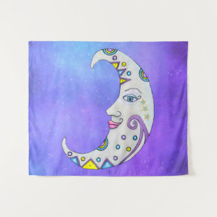 Fantasy White Moon Face Brightly Coloured Accents Tapestry