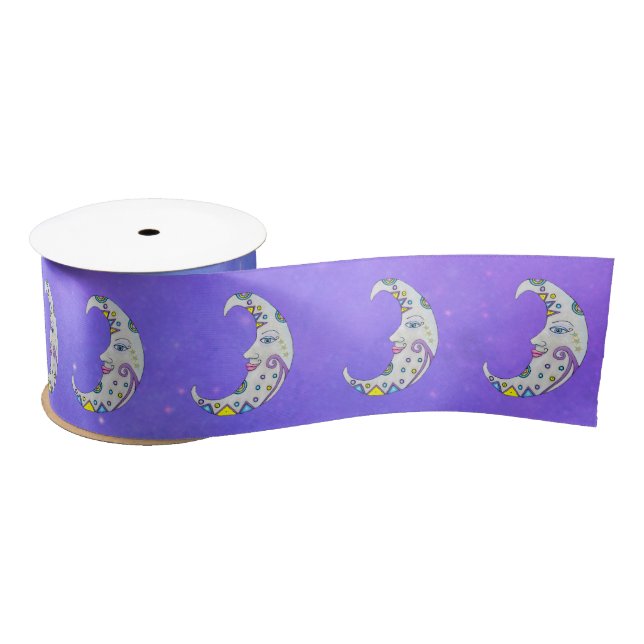 Fantasy White Moons Colourful Markings Purple Blue Satin Ribbon (Spool)