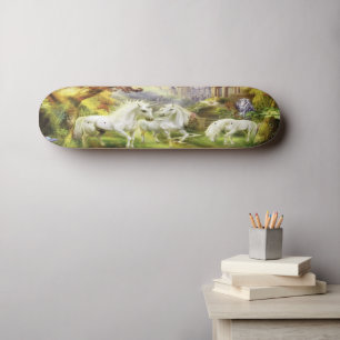 Fantasy White Unicorns In Field Skateboard