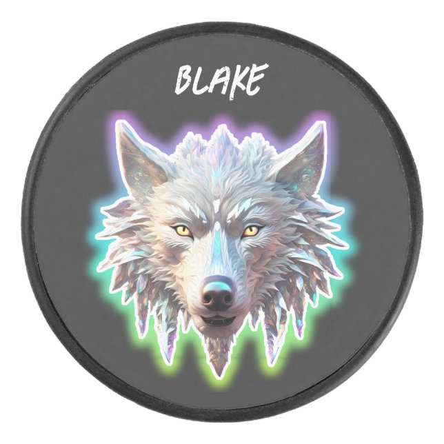 Fantasy White Wolf Head Hockey Puck (Front)