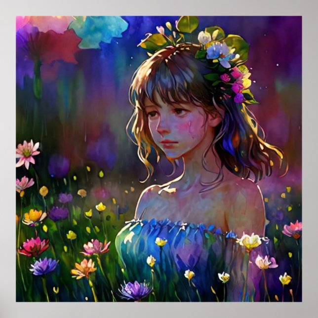 *~  Fantasy Wild Flowers Girl AP56 Watercolor Art Poster (Front)